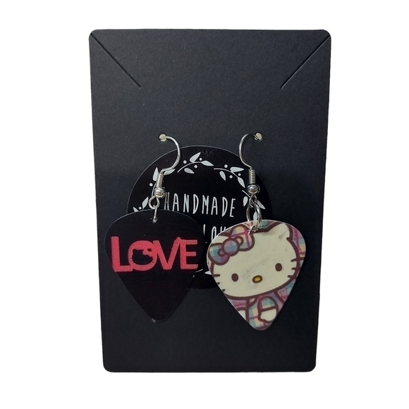 Handcrafted Hello Kitty Guitar Pick Earrings - Picture 2 of 3